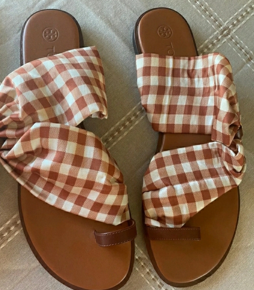 Tory Burch-Gingham/Burnt Selby Scarf Sandals, Size 11-BNWOB